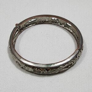 Silver Hawaiian Bangle Clamper Bracelet Cut Out Plumeria and Scroll Design Sz 7
